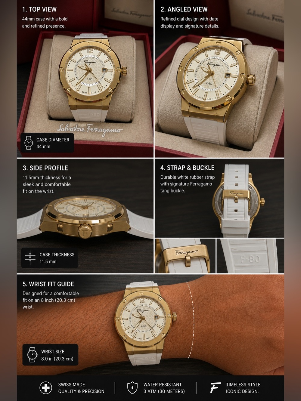 Salvatore Ferragamo Gold and White F-80 Style Watch